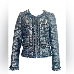 Vertigo Paris Metallic Bouclé Tweed Jacket — Zip Front & Fringe Edges